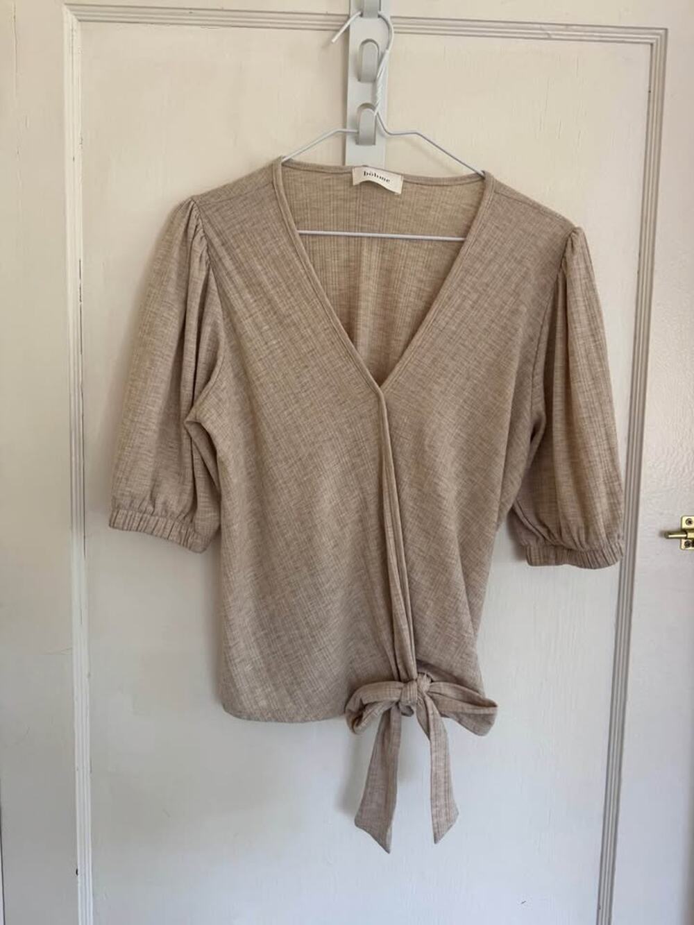 Böhme Oatmeal Beige Faux Wrap Tie Front Puff Sleeve Knit Top